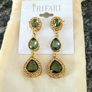 Trifari gold light green emarald drop earrings
